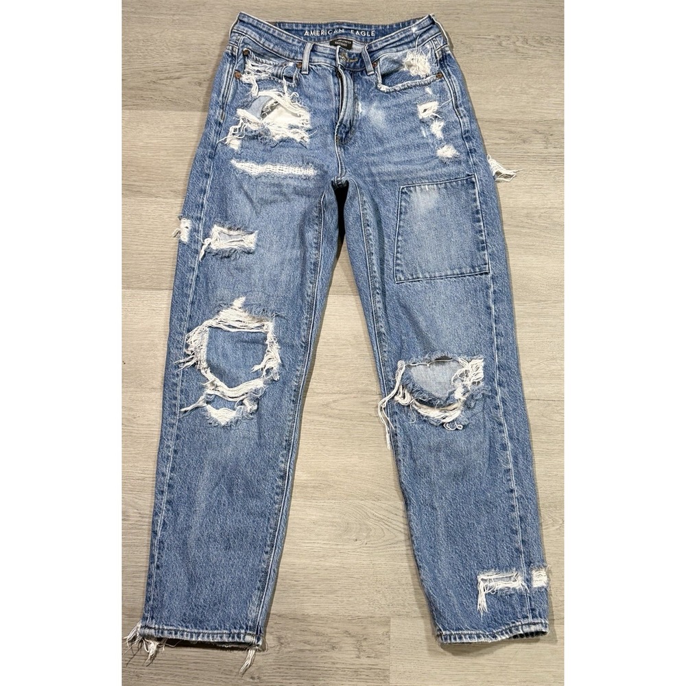 American Eagle 90's Boyfriend Jeans Womens Size 2 Med Wash Distressed Patchwork